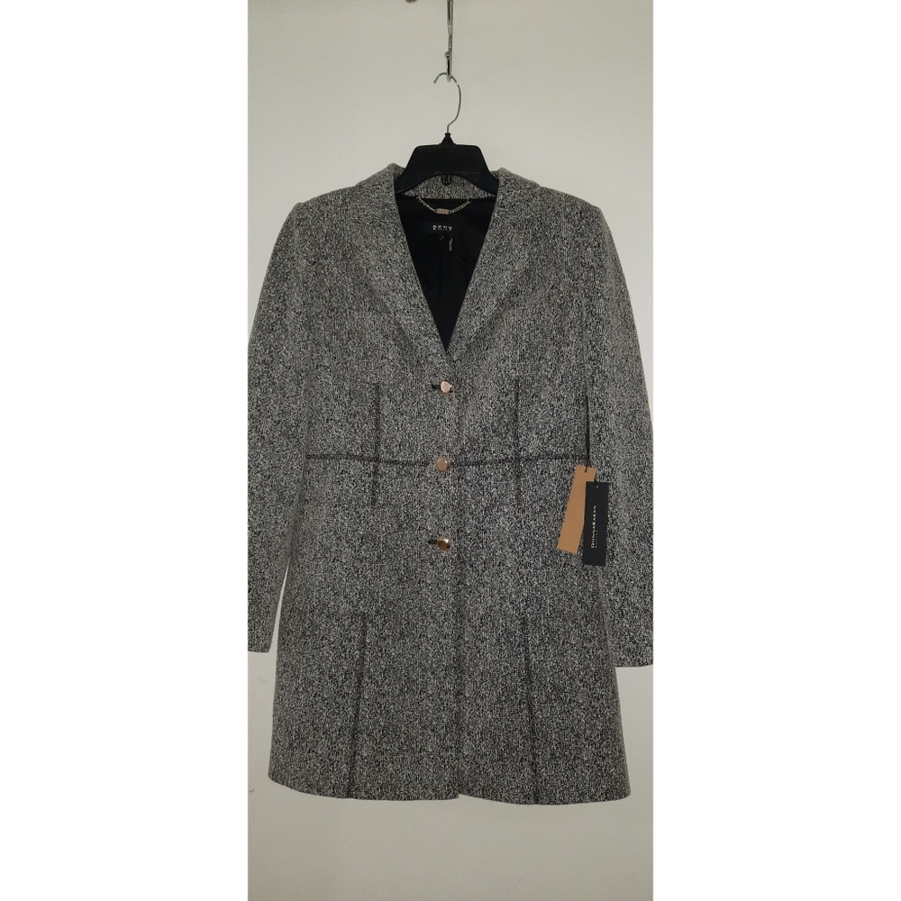 DKNY Dusty Pink Tweed Windowpane Wool-Blend Coat - Picture 4 of 9